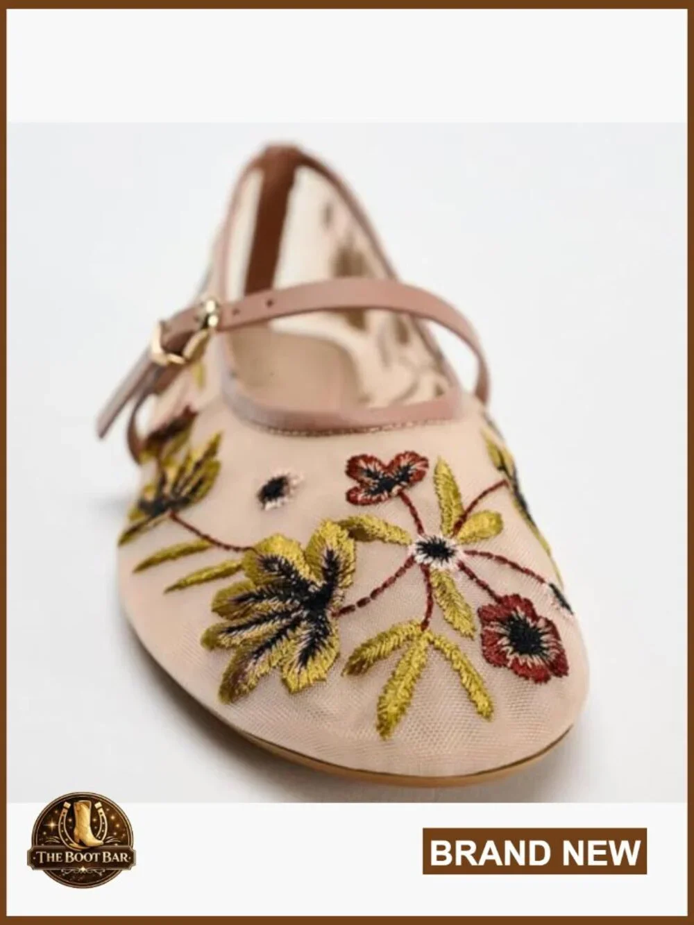 Floral Embroidered Mesh Ballet Flats Round Toe Slip On Mary Jane Comfort Shoes